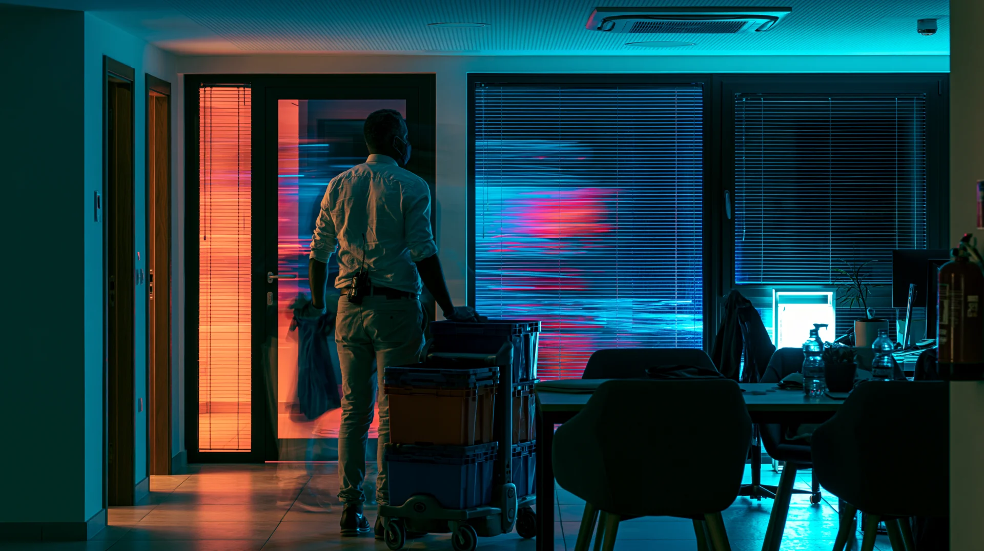A Bevanco cleaner working through an office after hours